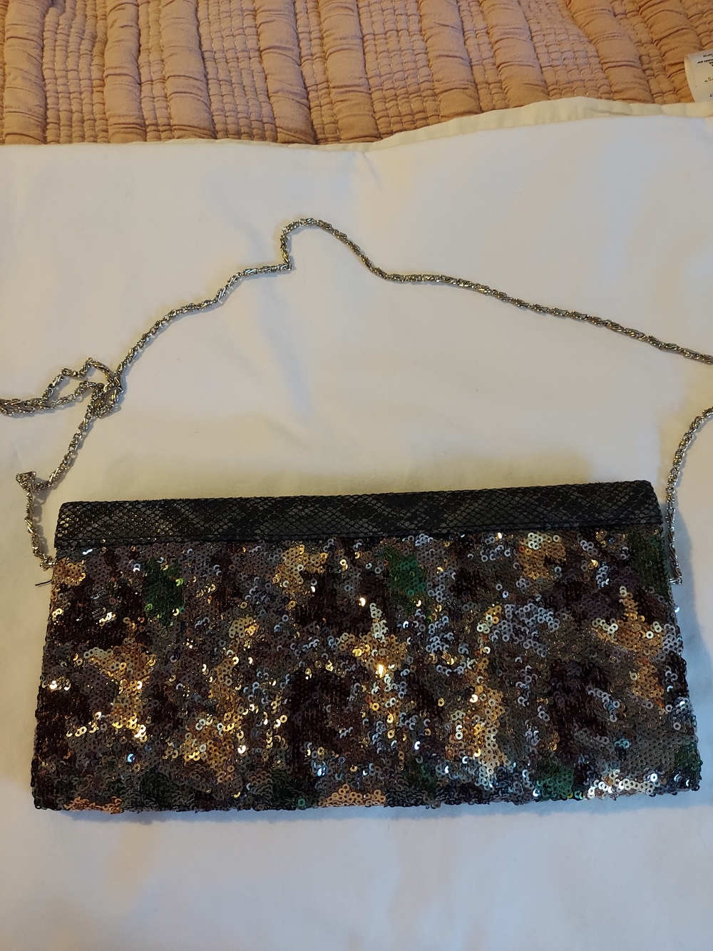 Big Buddha Boa Sequined Camouflage Metallic Chain Clutch Crossbody Bag